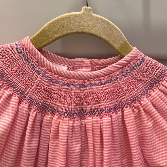 Smocked Giraffe pink and white striped dress with tiny rosebud detail smocking - Picture 2 of 5